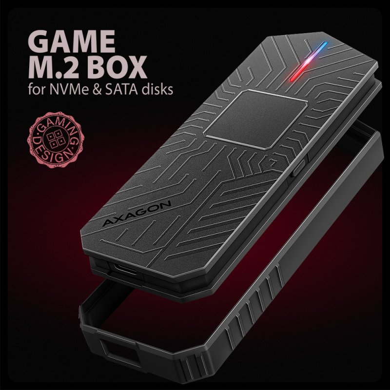 Axagon EEM2-GAM, USB-C 10Gbps - NVMe & SATA SSD GAME M.2 box, bezšroubkový Enceinte ssd Noir