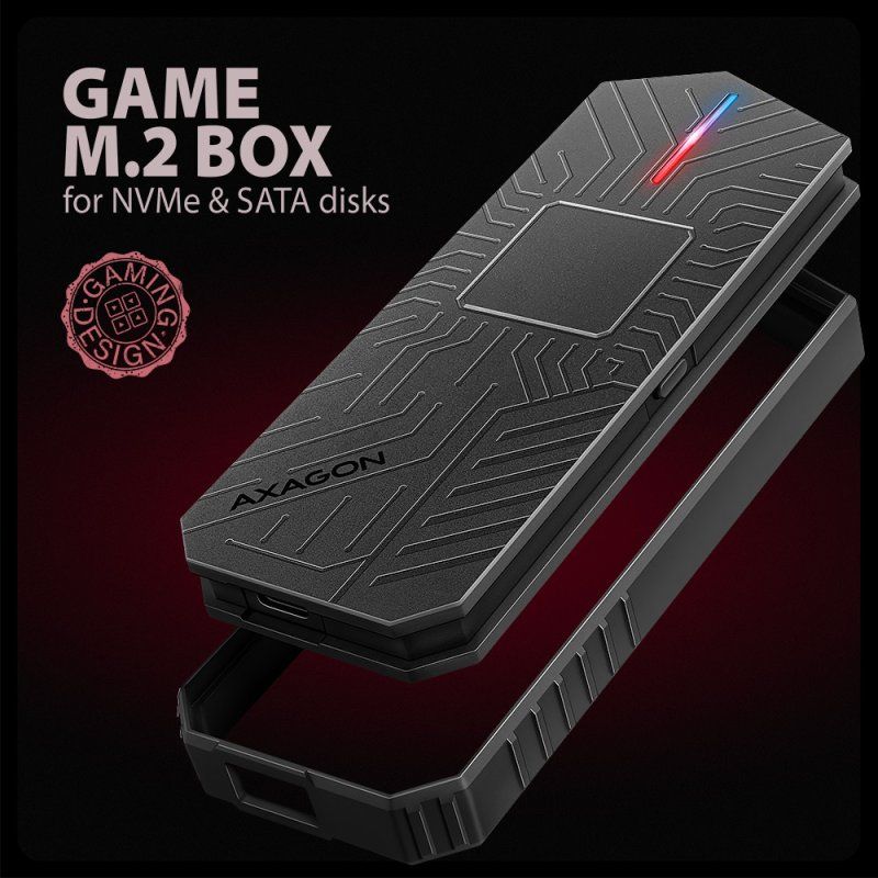Axagon EEM2-GAM, USB-C 10Gbps - NVMe & SATA SSD GAME M.2 box, bezšroubkový SSD enclosure Black