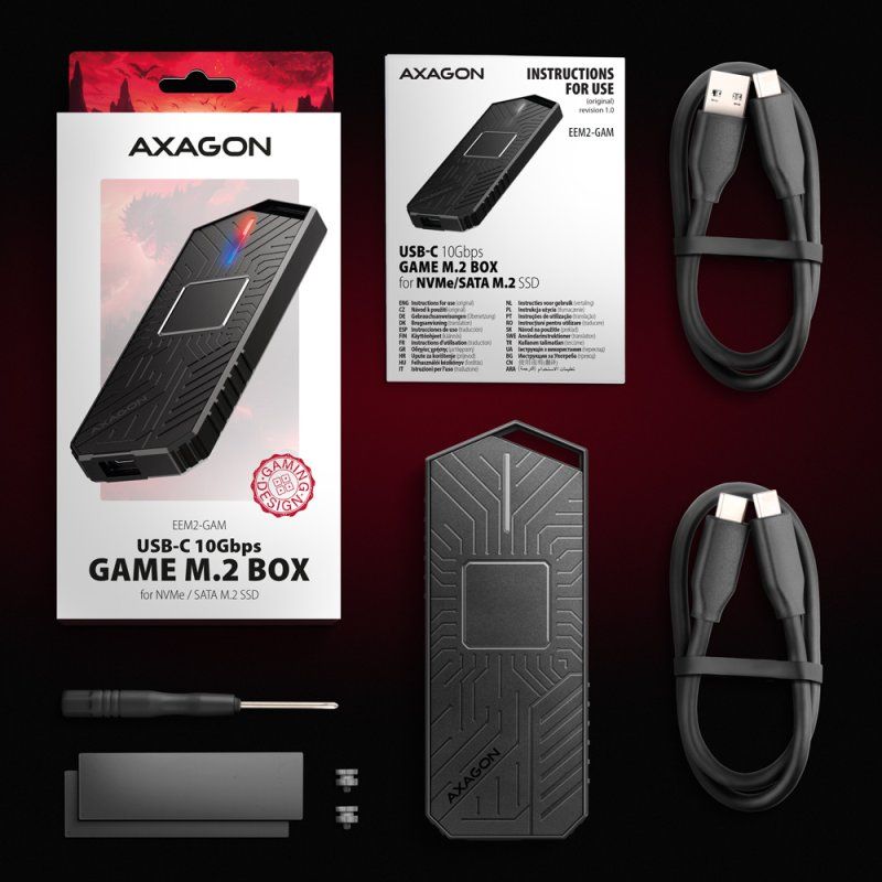 Axagon EEM2-GAM, USB-C 10Gbps - NVMe & SATA SSD GAME M.2 box, bezšroubkový SSD enclosure Black