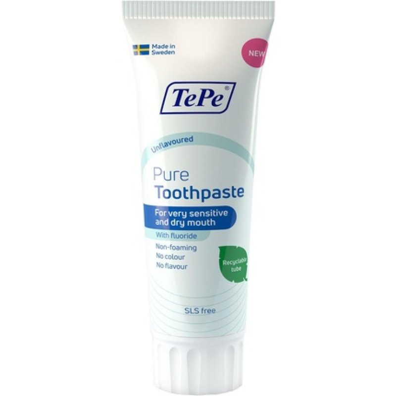 TePe Pure Gentle Mint Daily Fluoride Toothpaste for Sensitive Gums and Dry Mouth - Age Appropriate Fluoride Level