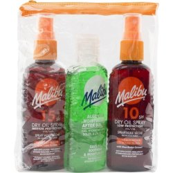 Malibu Sun Travel Essentials Dry Oil Sprays and Soothing Aloe Vera Aftersun Gel Medium Protection Water Resistant SPF