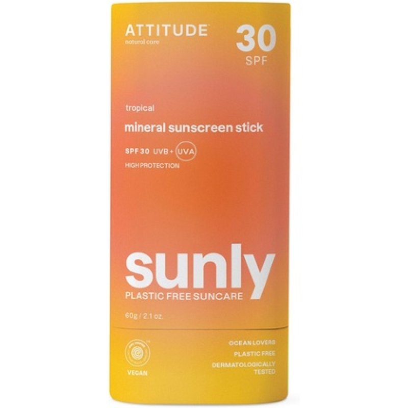 ATTITUDE Mineral Sunscreen Stick with Zinc Oxide SPF 30 EWG Verified Plastic-Free Broad Spectrum UVA/UVB Protection