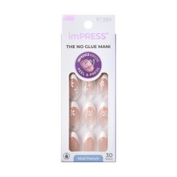 KISS imPRESS No Glue Press-On Nails French Fearless Light Neutral White Tip French Medium Size Almond Shape Includes 30