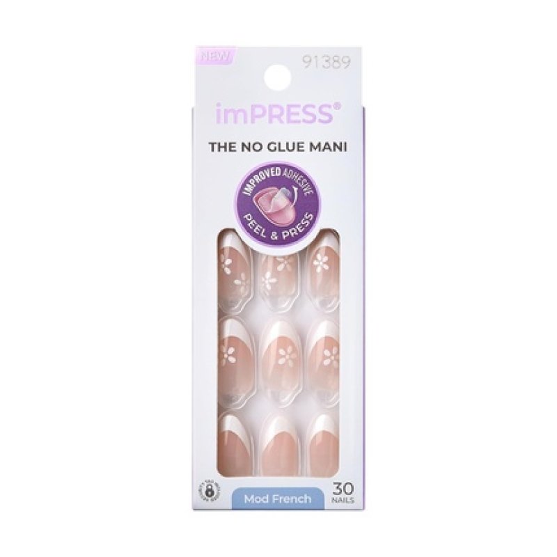 KISS imPRESS No Glue Press-On Nails French Fearless Light Neutral White Tip French Medium Size Almond Shape Includes 30