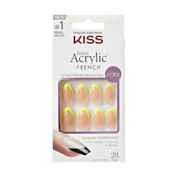 KISS Salon Acrylic French Press-On Nails with Nail Glue Hype Light Neon Yellow Medium Size Almond Shape Includes 28