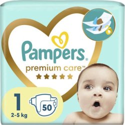 Pampers Premium Care Diapers With Adhesive Size 1 For Babies Weighing 2-5kg, 50 Pieces