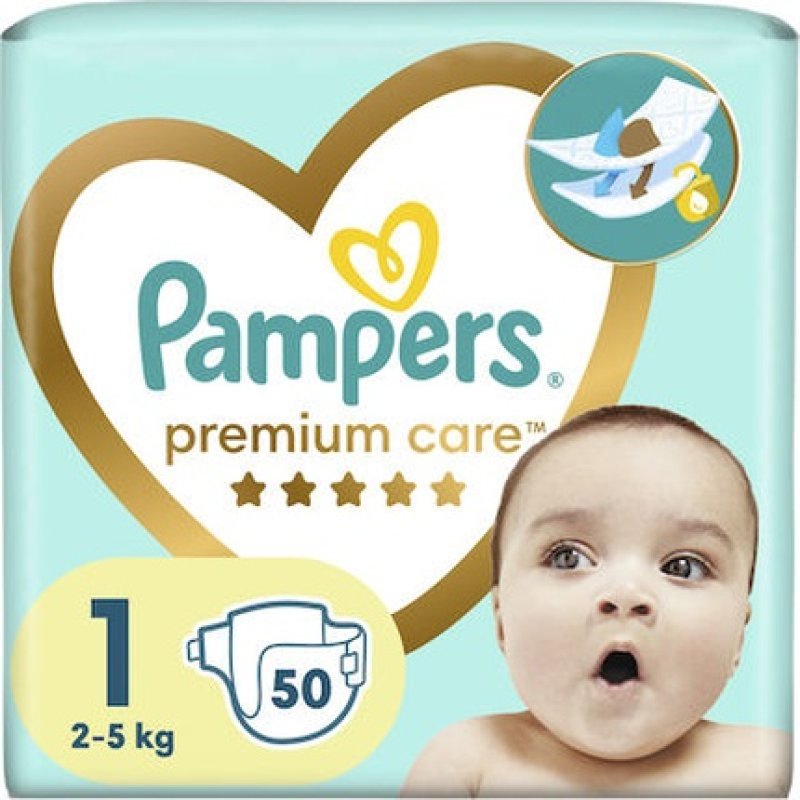Pampers Premium Care Diapers With Adhesive Size 1 For Babies Weighing 2-5kg, 50 Pieces