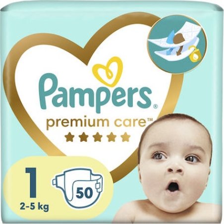 Pampers Premium Care Diapers With Adhesive Size 1 For Babies Weighing 2-5kg, 50 Pieces