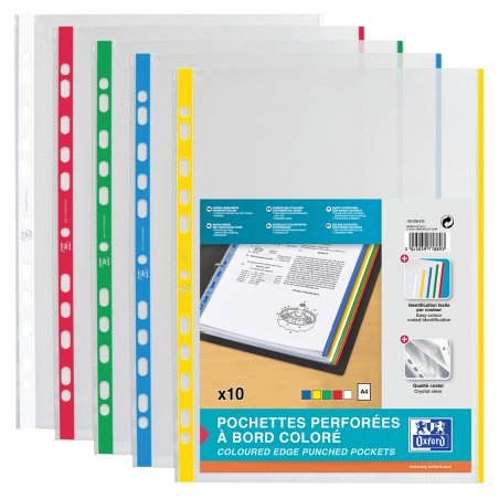Oxford Pochettes perforées, A4 avec bord coloré, PP, blanc