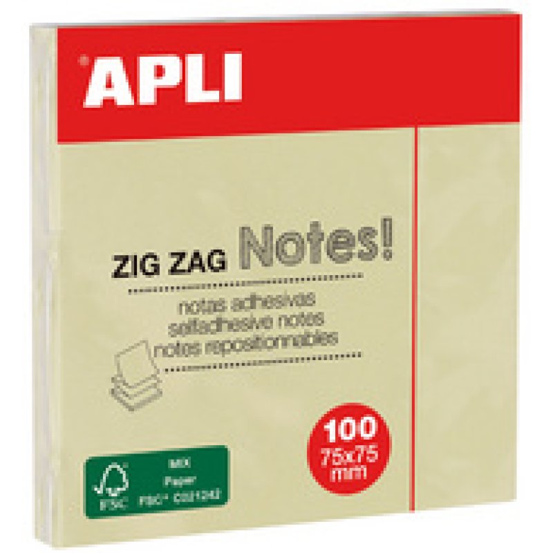 APLI Notes adhésives "ZIG ZAG Notes!", 75 x 75 mm, jaune