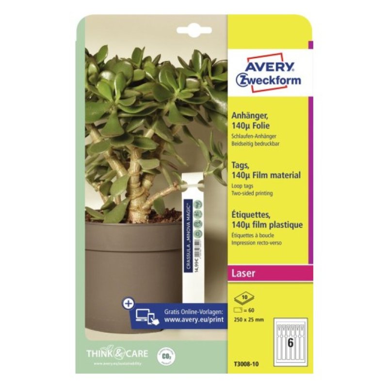 Avery T3008-10 étiquette non-adhésive 60 pièce(s) Blanc Rectangle