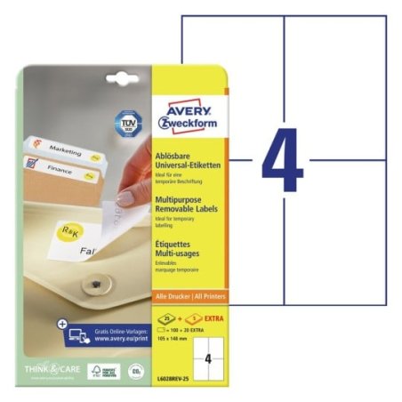 Avery L6028REV-25 étiquette auto-collante Rectangle Amovible Blanc 120 pièce(s)