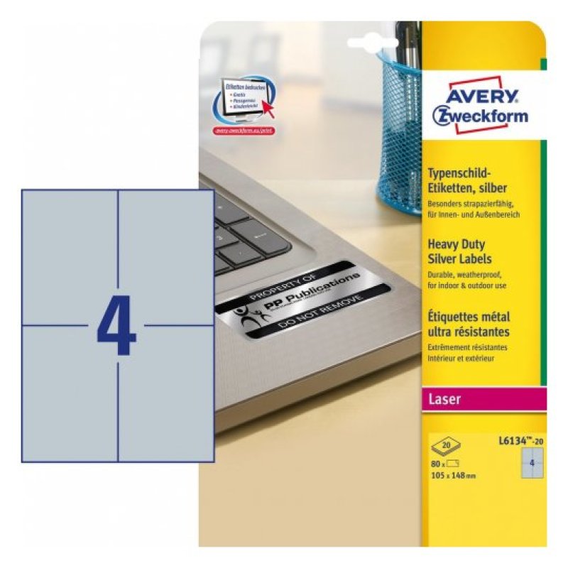 Avery L6134-20 printer label Silver Self-adhesive printer label