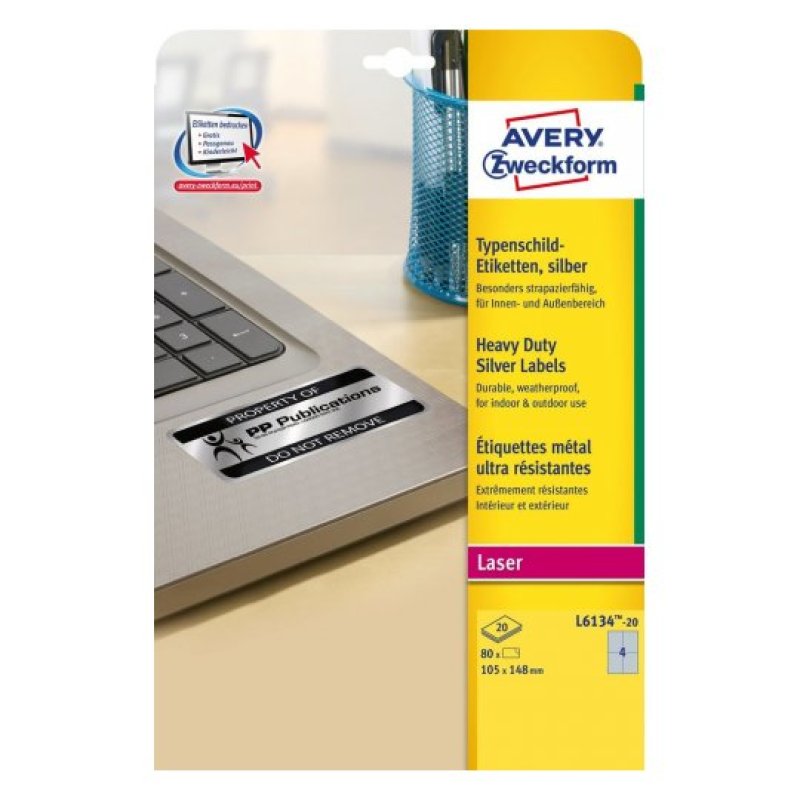 Avery L6134-20 printer label Silver Self-adhesive printer label