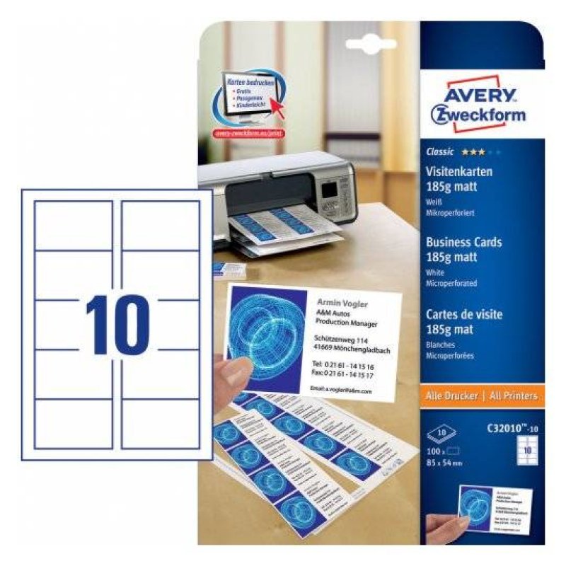 Avery C32010-10 business card Laser/Inkjet Cardboard White 100 pc(s)