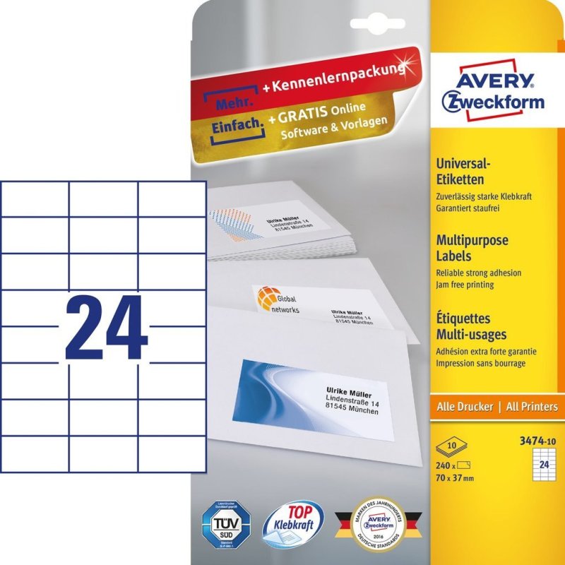 Avery 3474-10 self-adhesive label Rectangle Permanent White 240 pc(s)