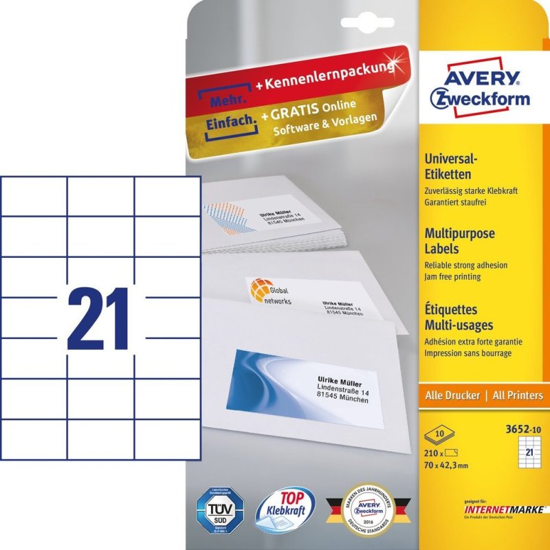 Avery 3652-10 étiquette auto-collante Rectangle Permanent Blanc 210 pièce(s)