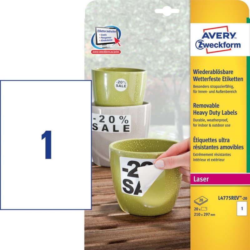 Avery L4775REV-20 self-adhesive label Rectangle Permanent White 20 pc(s)