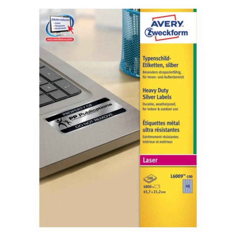 Avery L6009-100 self-adhesive label Rounded rectangle Permanent Silver 4800 pc(s)