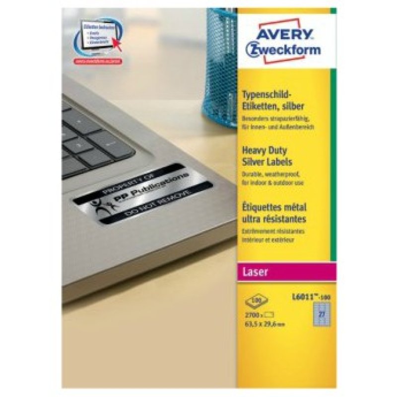Avery L6011-100 étiquette auto-collante Rectangle Permanent Argent 2700 pièce(s)