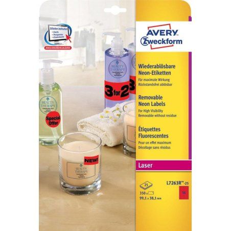 Avery L7263R-25 étiquette auto-collante Rectangle aux angles arrondis Rouge 350 pièce(s)