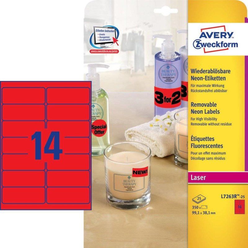 Avery L7263R-25 étiquette auto-collante Rectangle aux angles arrondis Rouge 350 pièce(s)