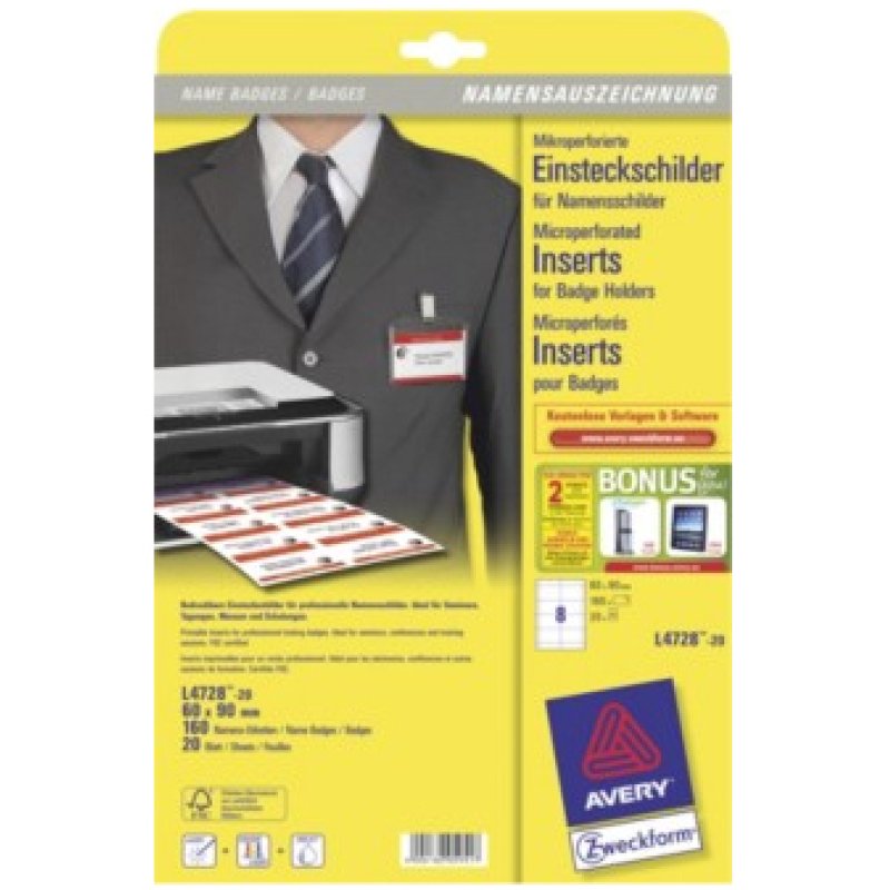 Avery L4728-20 identity badge/badge holder Paper 160 pc(s)