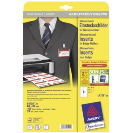 Avery L4728-20 identity badge/badge holder Paper 160 pc(s)