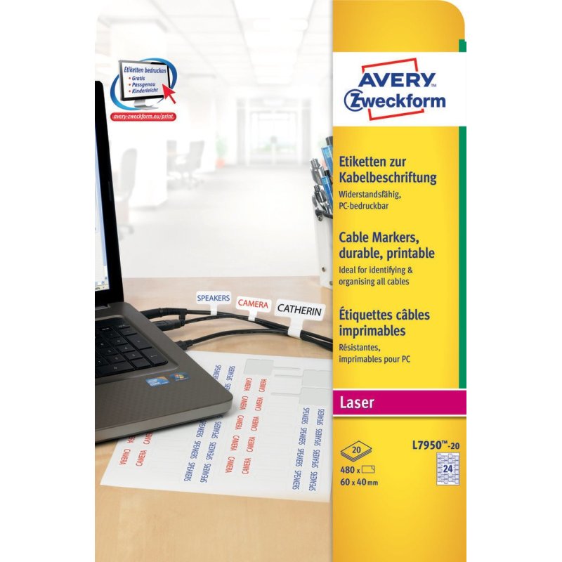 Avery L7950-20 self-adhesive label Rectangle Permanent White 480 pc(s)
