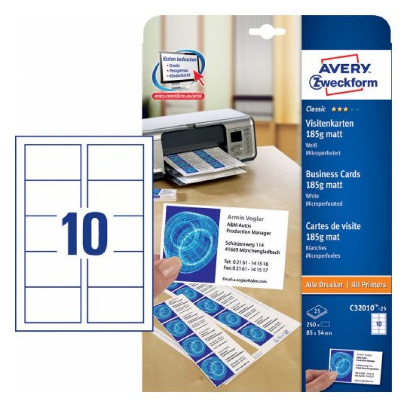 Avery C32010-25 business card Laser/Inkjet Cardboard White