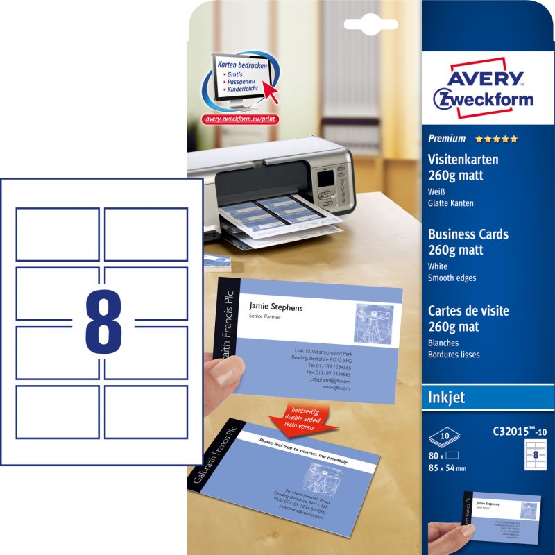 AVERY Zweckform Cartes de visite Quick & Clean, mat,260 g/m2