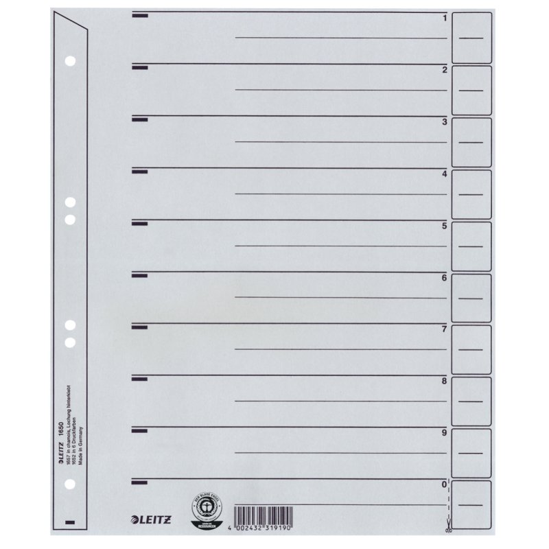 Leitz 16500085 tab index Numeric tab index Cardboard Grey
