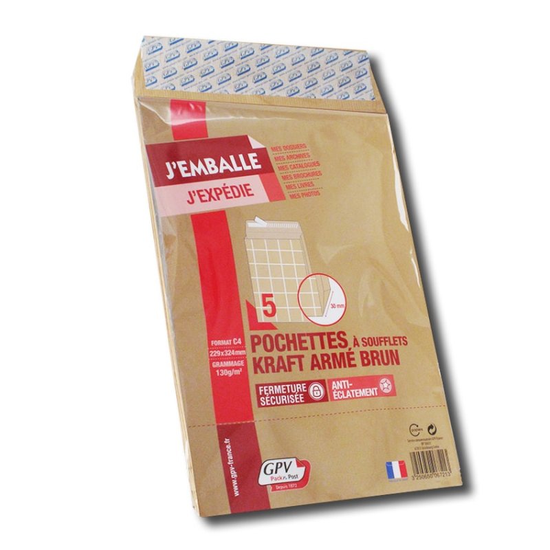 GPV Pochettes à soufflets, C4, 229 x 324 mm, kraft armé