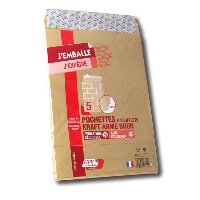 GPV Pochettes à soufflets, 24, 260 x 330 mm, kraft armé