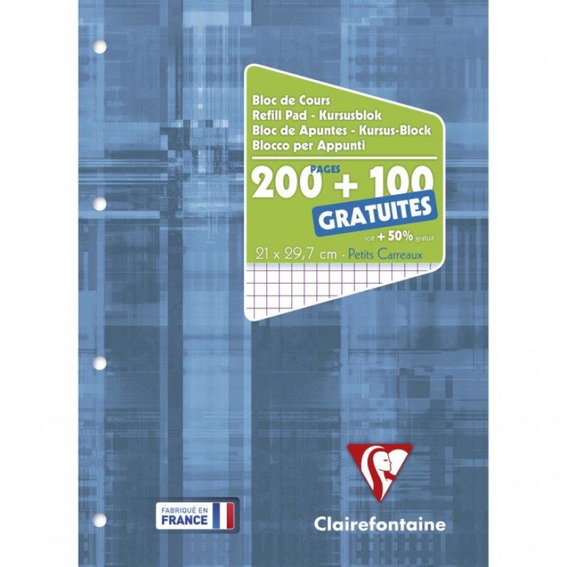 Clairefontaine Bloc de cours, perforé, A4, quadrillé 5x5