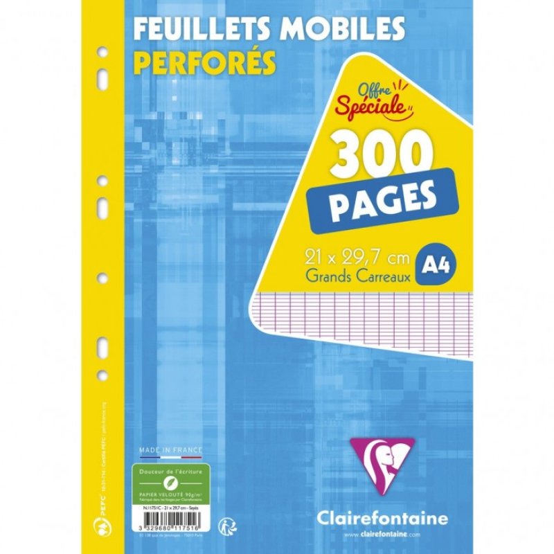 Clairefontaine Feuillets mobiles perforés, A4, seyès