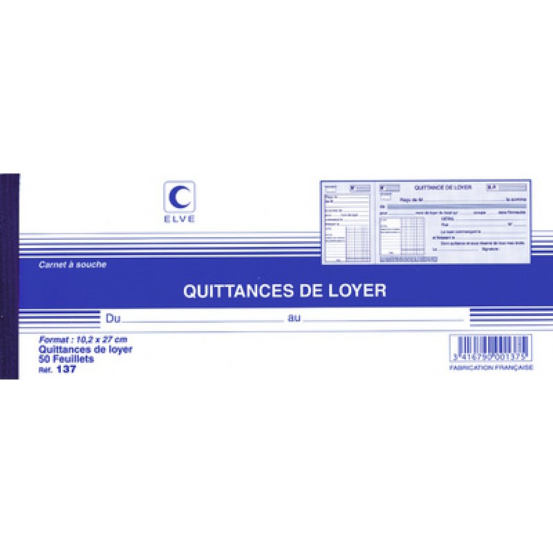 ELVE Carnet à souche "Quittances de loyer", 100 x 270 mm