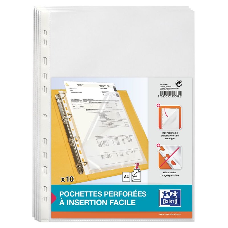 Oxford Pochette perforée, A4, PP, 0,07 mm, transparent