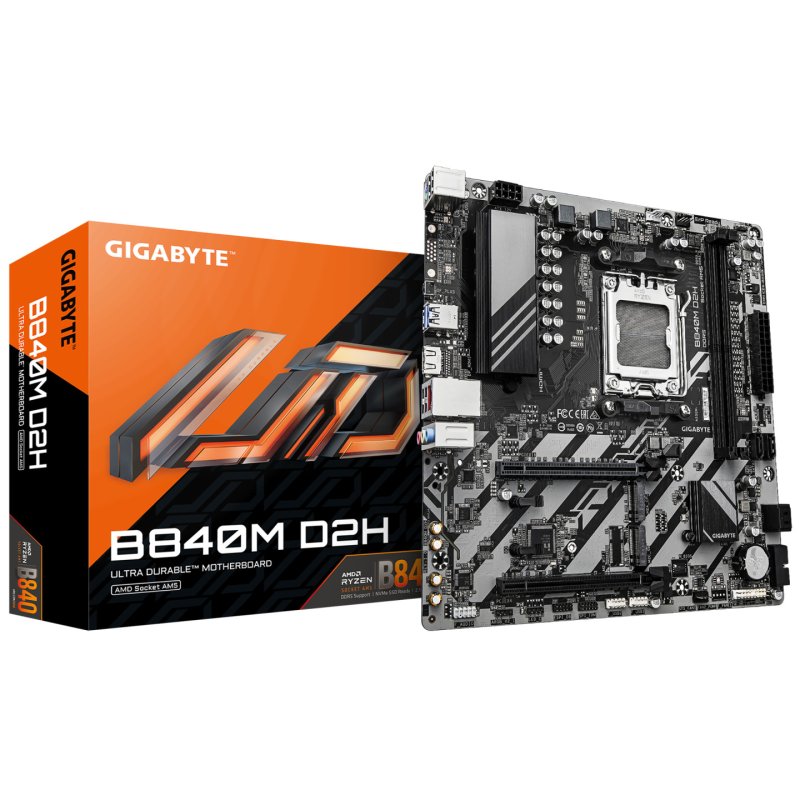 GIGABYTE B840M D2H Motherboard - AMD Ryzen 9000 CPUs, 5 2 2 Phases VRM, up to 7600MHz DDR5, 1xPCIe 4.0 1xPCIe 3.0