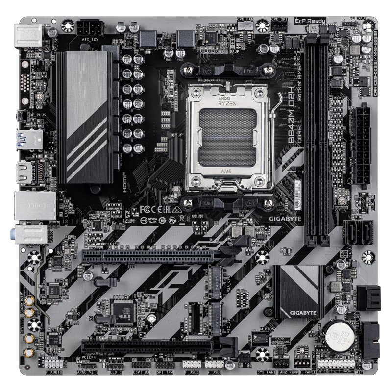 GIGABYTE B840M D2H Motherboard - AMD Ryzen 9000 CPUs, 5 2 2 Phases VRM, up to 7600MHz DDR5, 1xPCIe 4.0 1xPCIe 3.0