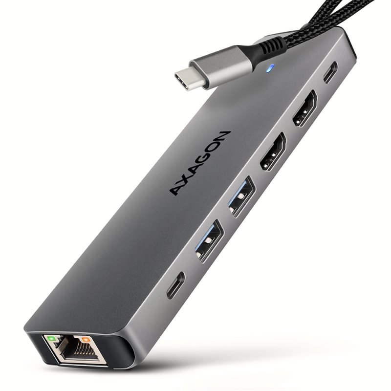AXAGON HMC-7HX2 USB-Hub, 2x USB-A, 1x USB-C, 2x HDMI 2.0, 1x RJ45, 100 W PD – silber