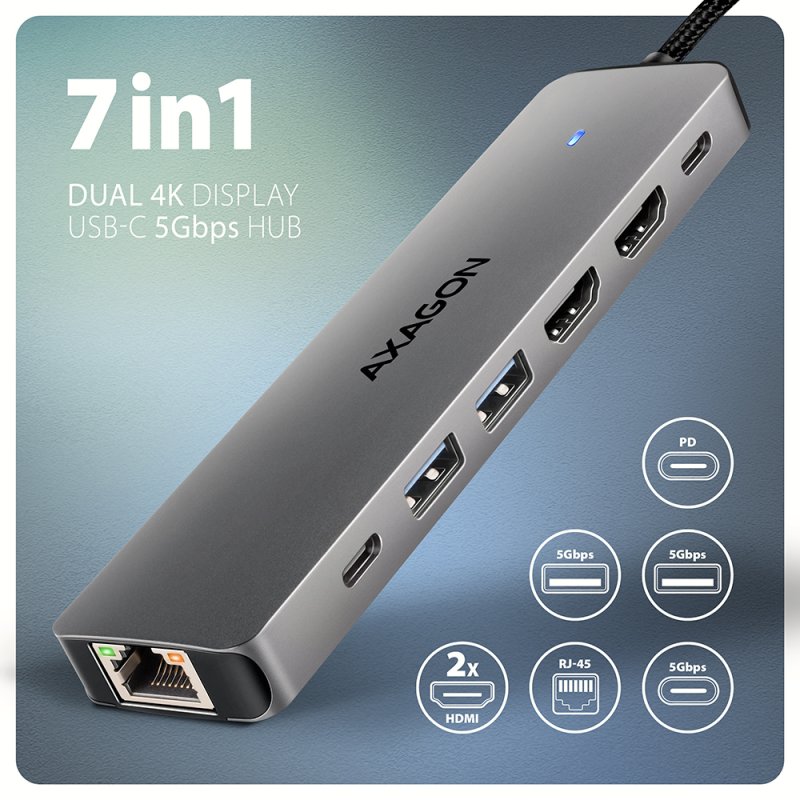 AXAGON HMC-7HX2 USB-Hub, 2x USB-A, 1x USB-C, 2x HDMI 2.0, 1x RJ45, 100 W PD – silber