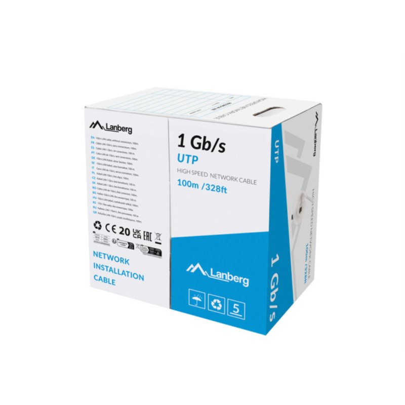 BOBINA CABLE RED LANBERG UTP RJ45 1GB/S SOLIDO CCA AWG23 100M GRIS