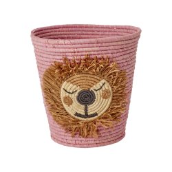 Rice - Round Raffia Basket with Lion Head - Pink