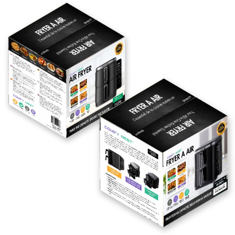 Comfy Nest CN-06177: 2800W Double Basket Air Fryer with Digital Folding Side Panel - 11L