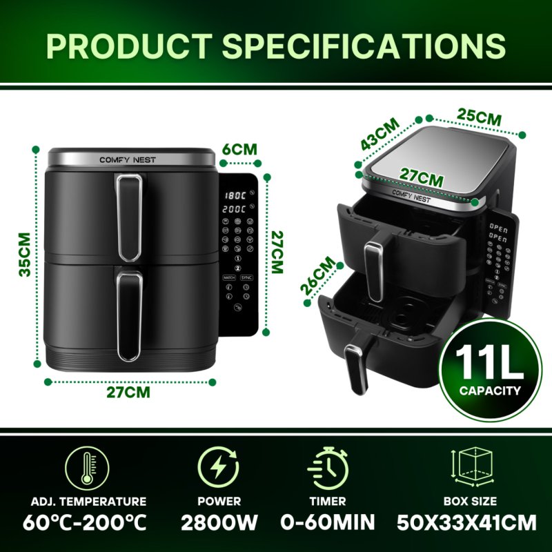 Comfy Nest CN-06177: 2800W Double Basket Air Fryer with Digital Folding Side Panel - 11L