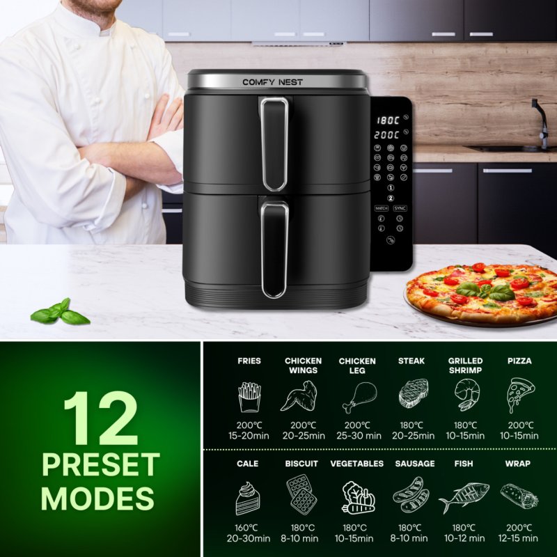 Comfy Nest CN-06177: 2800W Double Basket Air Fryer with Digital Folding Side Panel - 11L