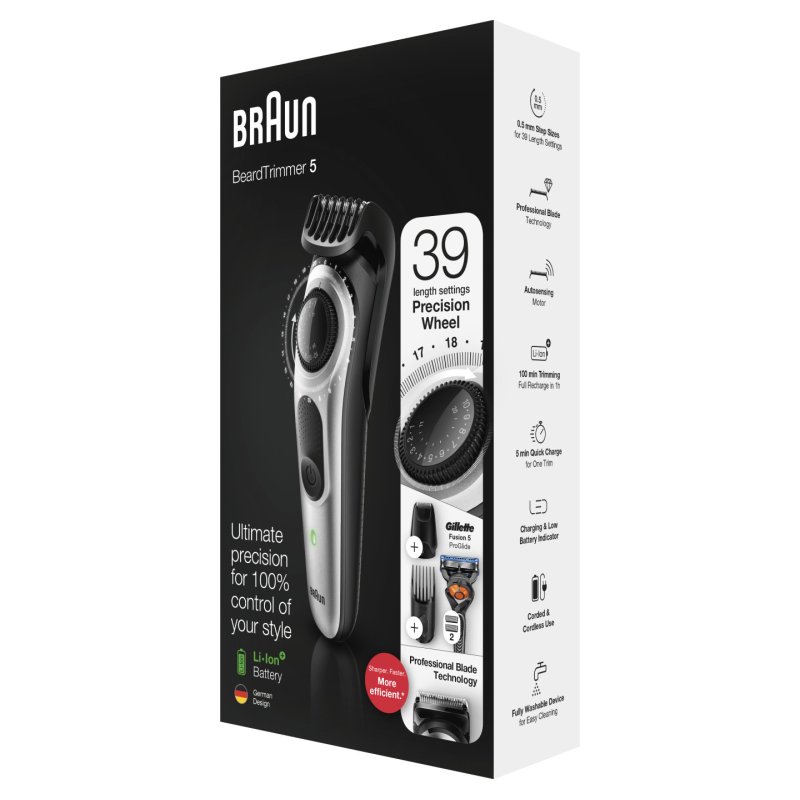 Braun Beard Trimmer BT5265 Men Trimmer & Hair Clipper, 39 Length Settings, Black/Silver Metal