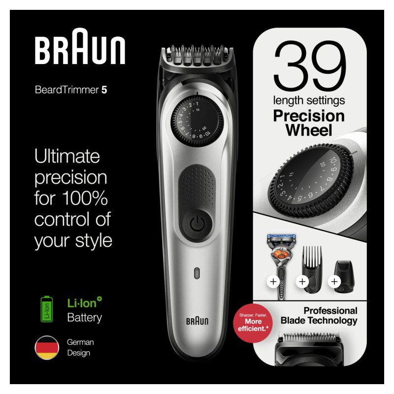 Braun 81705173 tondeuse à barbe AC/Batterie 39 2 cm Noir, Argent
