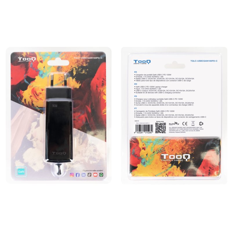 TooQ TQLC-USBCGAN100PD-C chargeur d'appareils mobiles Ordinateur portable, Universel Noir Secteur Intérieure